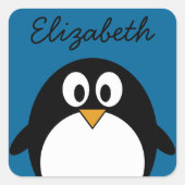 かわいいマンガペンギンの青い背景 スクエアシール (正面)