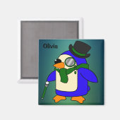 かわいいマンガペンギンティール(緑がかった色)ダークエメラルドグリーン マグネット (正面/裏面)