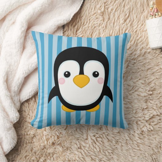かわいいマンガペンギンデザインブルーストライプペンパターン クッション (ブランケット)