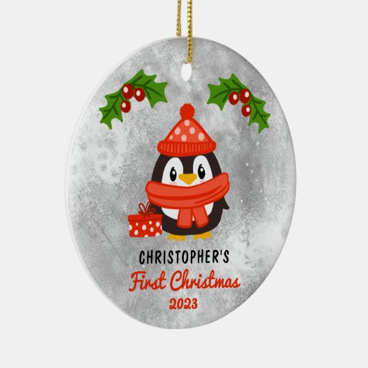 かわいいマンガペンギンベビーの初めてのクリスマス写真 セラミックオーナメント (右)