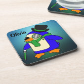 かわいいマンガペンギン光ティール(緑がかった色)エメラルドグリーン コースター (左側)