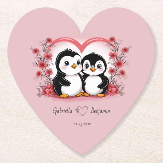 かわいいマンガペンギン愛好家ハートバレンタインデー ペーパーコースター (正面)