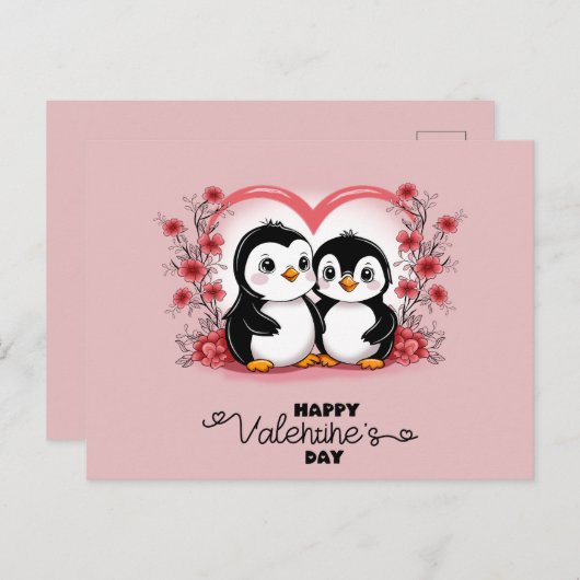 かわいいマンガペンギン愛好家ハートバレンタインデー ポストカード (正面/裏面)