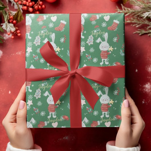 かわいいマンガ動物バニーグリーンレッドカスタム ラッピングペーパー