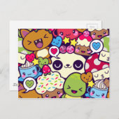 かわいいマンガ動物性食品パーティー インビテーションポストカード (正面/裏面)
