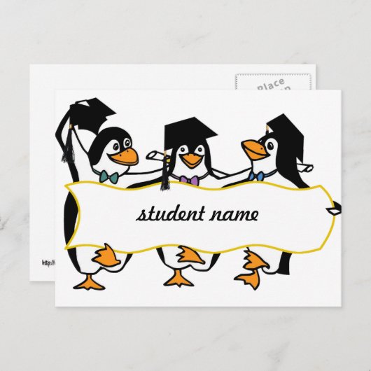 かわいいマンガ卒業ペンギンw/バナー 案内ポストカード (正面/裏面)