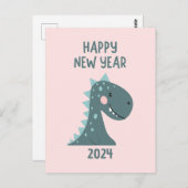 かわいいマンガ恐竜の新年ピンク ポストカード (正面/裏面)