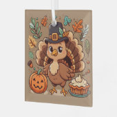 かわいいマンガ感謝祭トルコとカボチャ ガラスオーナメント (正面左)