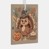 かわいいマンガ感謝祭トルコとカボチャ ガラスオーナメント (正面右)