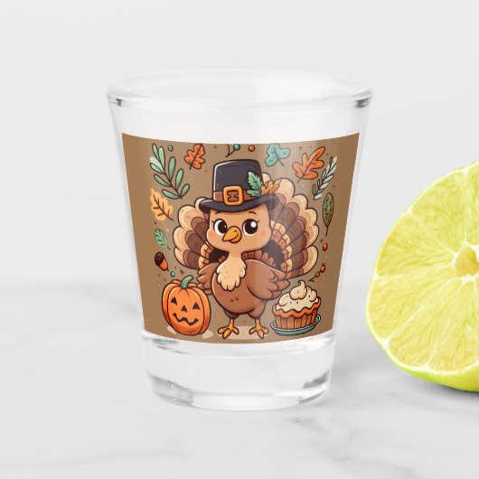 かわいいマンガ感謝祭トルコとカボチャ ショットグラス (正面)