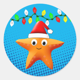 かわいいマンガ星魚サンタ・ハット・クリスマスライト ラウンドシール