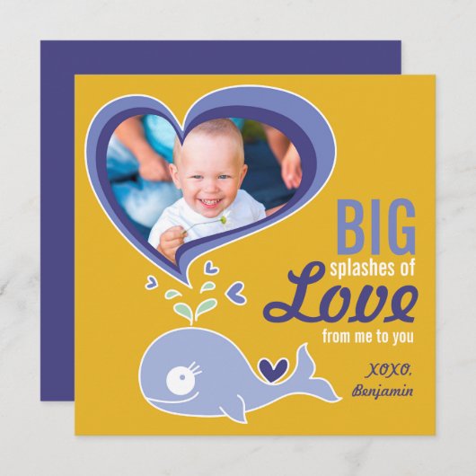 かわいいマンガ紫のクジラのバレンタイン写真グリーティング シーズンカード (正面/裏面)