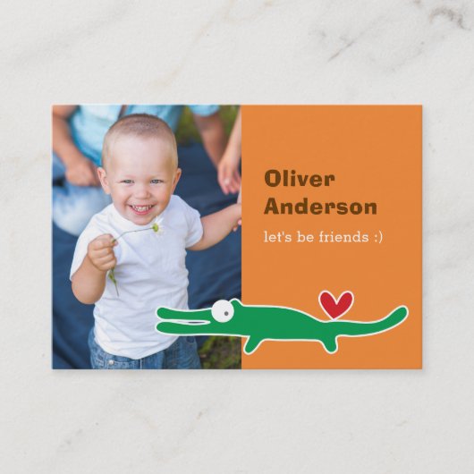 かわいいマンガ緑のアリゲーターフォトキッドの日遊付付 コーリングカード (正面)