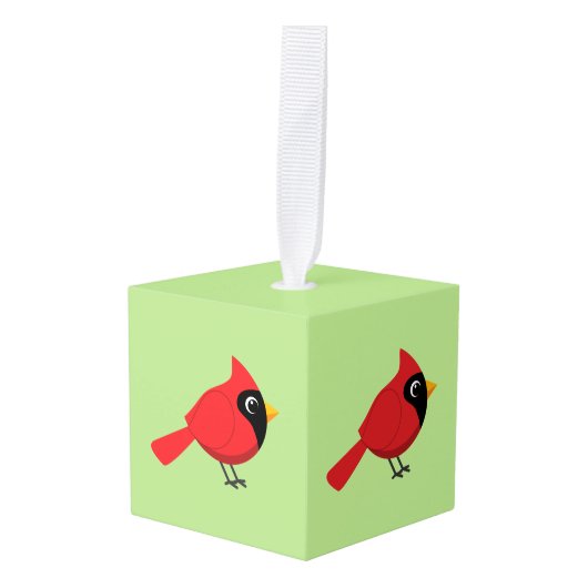 かわいいマンガ赤い（鳥）ショウジョウコウカンチョウと花 キューブオーナメント (正面アングル)