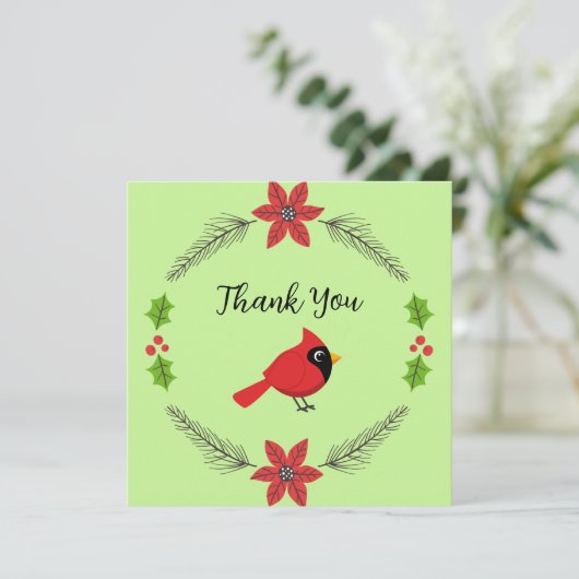 かわいいマンガ赤い(鳥)ショウジョウコウカンチョウと花 サンキューカード (スタンド正面)