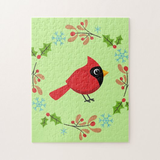かわいいマンガ赤い（鳥）ショウジョウコウカンチョウと花 ジグソーパズル (縦)