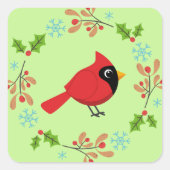 かわいいマンガ赤い（鳥）ショウジョウコウカンチョウと花 スクエアシール (正面)