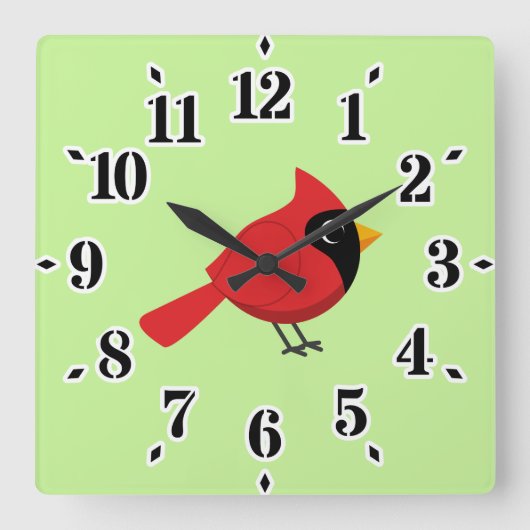 かわいいマンガ赤い(鳥)ショウジョウコウカンチョウと花 スクエア壁時計 (正面)