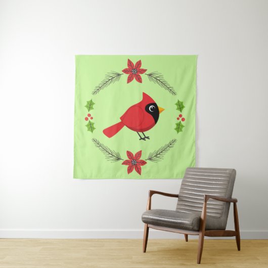 かわいいマンガ赤い（鳥）ショウジョウコウカンチョウと花 タペストリー (インサイチュ)