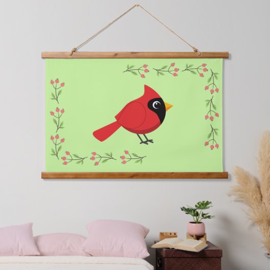 かわいいマンガ赤い(鳥)ショウジョウコウカンチョウと花 吊り下げ型タペストリー (寝室)