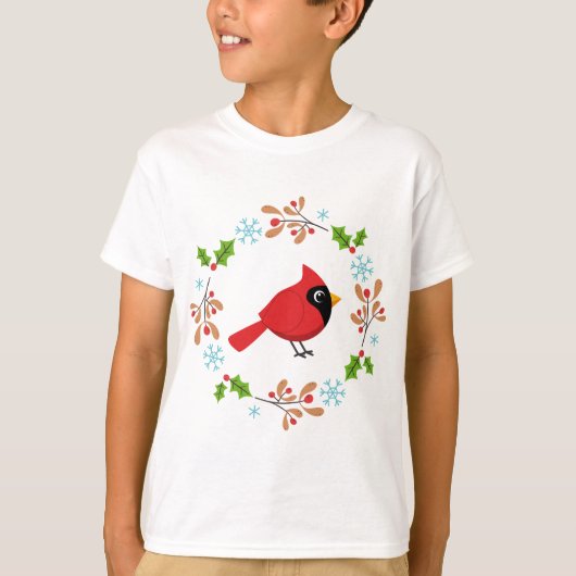 かわいいマンガ赤い(鳥)ショウジョウコウカンチョウと花 Tシャツ (正面)