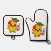 かわいいマンゴー – スウィートフルーツとハートスムージー 鍋つかみ&鍋敷きセット (正面)