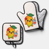 かわいいマンゴー – スウィートフルーツとハートスムージー 鍋つかみ&鍋敷きセット (正面/裏面)