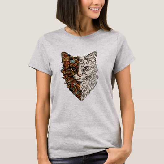 かわいいマンダラアートの花柄猫の顔Tシャツ Tシャツ (正面)