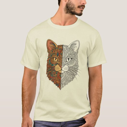 かわいいマンダラアートの花柄猫の顔Tシャツ Tシャツ (正面)