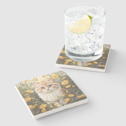 かわいいマンチキン猫とバターカップ花 ストーンコースター (横)