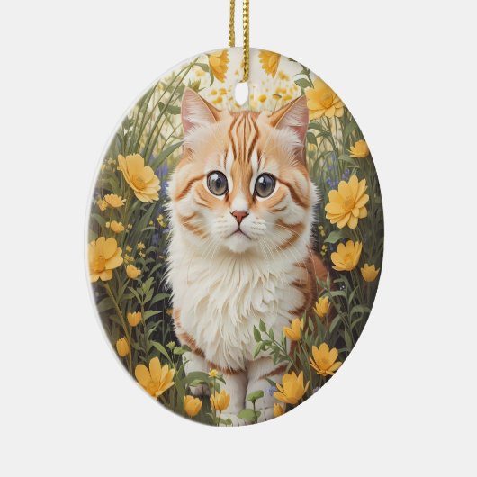 かわいいマンチキン猫とバターカップ花 セラミックオーナメント (右)