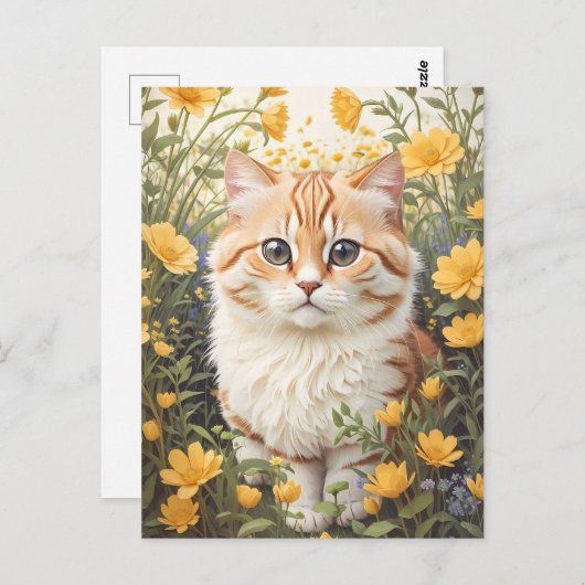 かわいいマンチキン猫とバターカップ花 ポストカード (正面/裏面)