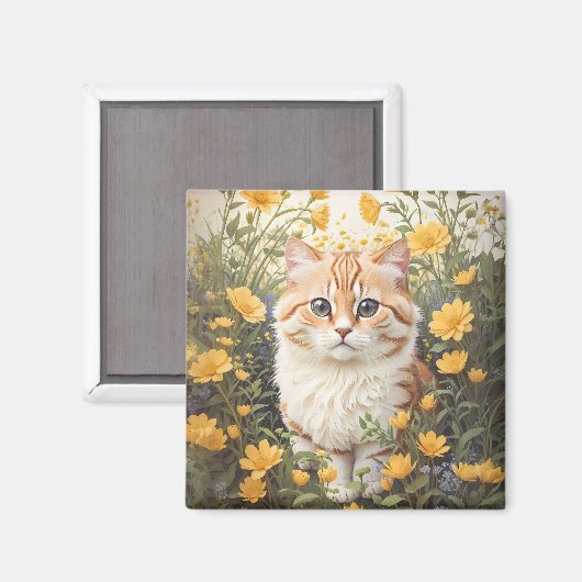 かわいいマンチキン猫とバターカップ花 マグネット (正面/裏面)