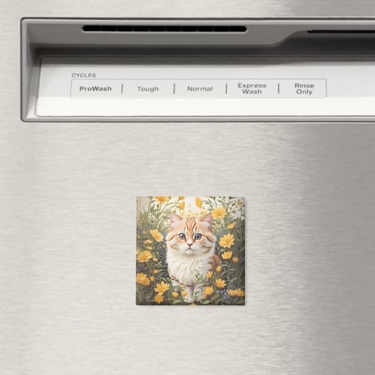 かわいいマンチキン猫とバターカップ花 マグネット (インサイチュ (食洗機))