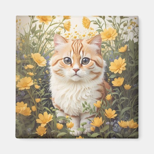 かわいいマンチキン猫とバターカップ花 マグネット (正面)