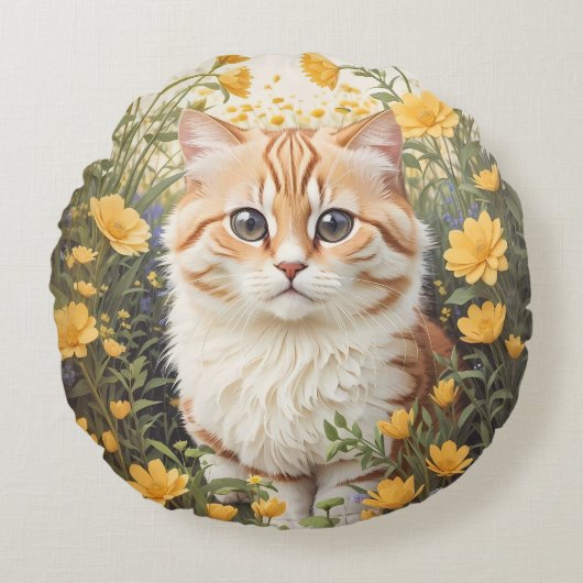 かわいいマンチキン猫とバターカップ花 ラウンドクッション (正面)