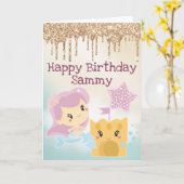 かわいいマーメイドとサンドキャッスルグラデーション誕生日 カード (黄色い花)