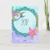 かわいいマーメイドウォーターカラーティール（緑がかった色）パープルガール誕生日 カード (裏面)
