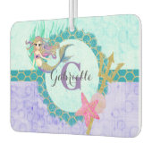 かわいいマーメイドウォーターカラーティール（緑がかった色）&パープルモノグラム カーエアーフレッシュナー (左)