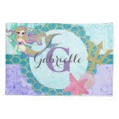 かわいいマーメイドウォーターカラーティール（緑がかった色）&パープルモノグラム 枕カバー (裏面)