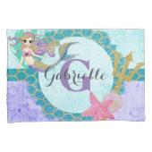 かわいいマーメイドウォーターカラーティール(緑がかった色)&パープルモノグラム 枕カバー (正面右)