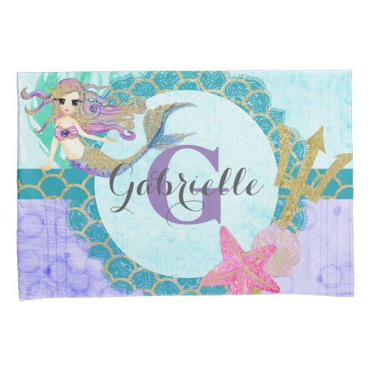 かわいいマーメイドウォーターカラーティール(緑がかった色)&パープルモノグラム 枕カバー (正面右)