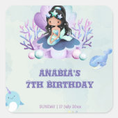 かわいいマーメイドウォーターカラー誕生日 スクエアシール (正面)