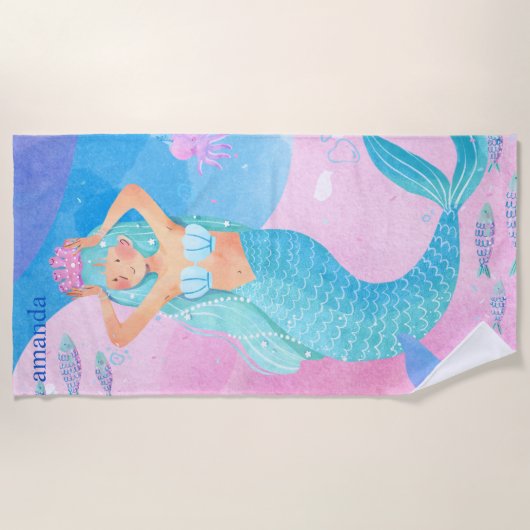 かわいいマーメイドカラフルウォーターカラーイラストレーション ビーチタオル (正面)