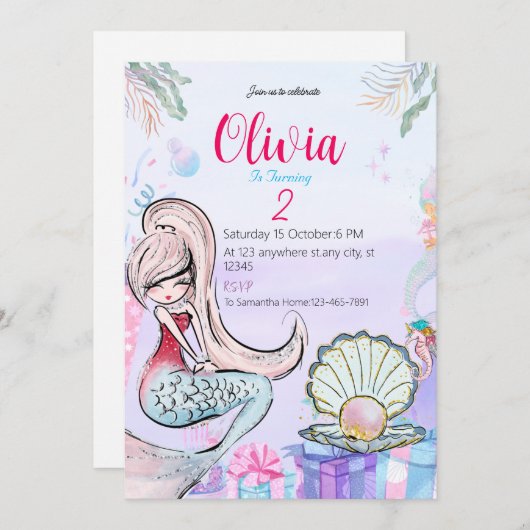かわいいマーメイドガーリー誕生日パーティー 招待状 (正面/裏面)