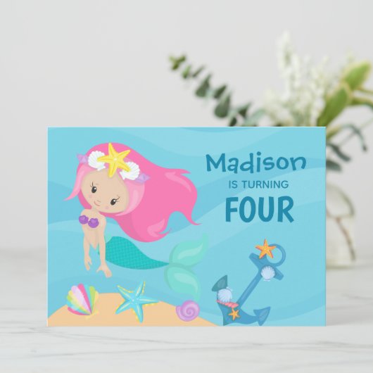 かわいいマーメイドガールカスタムの誕生日パーティーの招待 招待状 (スタンド正面)