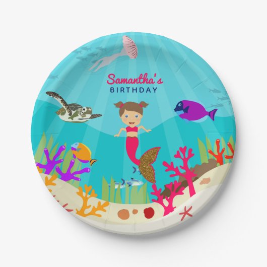 かわいいマーメイドガールカラフルイン海誕生日 ペーパープレート (正面)