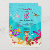 かわいいマーメイドガールカラフルイン海誕生日 招待状 (正面/裏面)