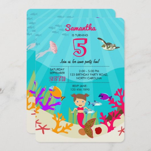 かわいいマーメイドガールカラフルイン海誕生日 招待状 (正面/裏面)