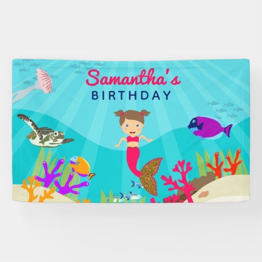 かわいいマーメイドガールカラフルイン海誕生日 横断幕 (横)